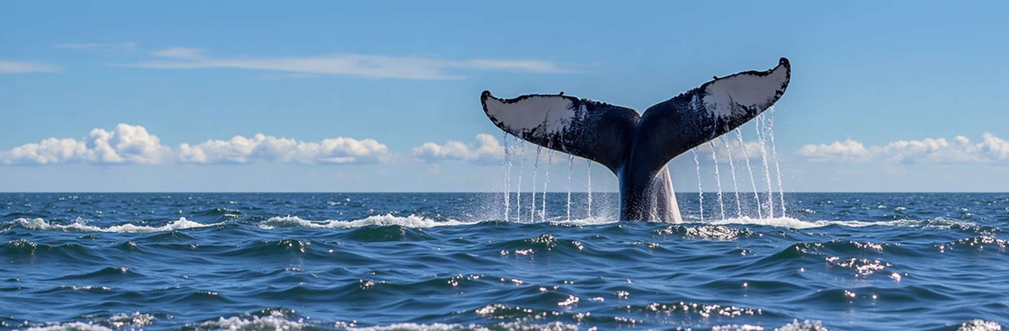 A whale's tail fluke rising out of a dark sea under a blue sky with white clouds