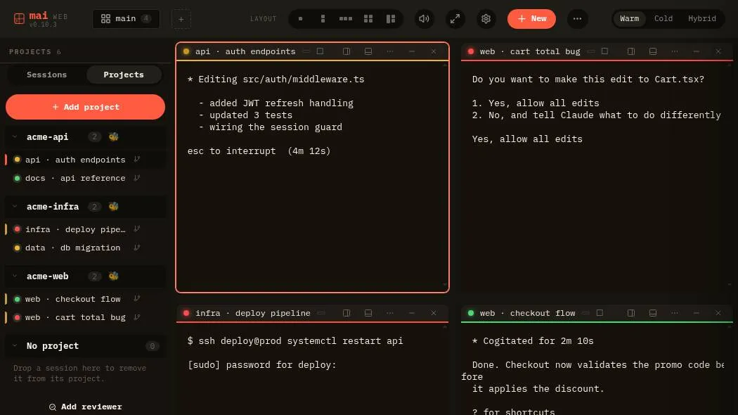 The real mai web workspace: four agent sessions in panes, grouped by project in a sidebar